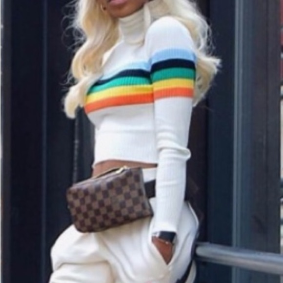 Mohair Pear boutique Sweaters - Stylish Form Fitted Crop Rainbow Striped Rib Knit Neck Cuffs Long Sleeve Sweater